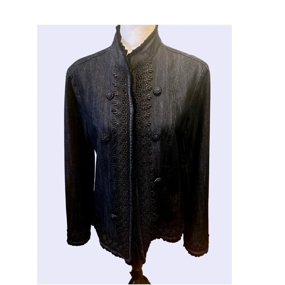 Bay Studio Dark Wash Denim Jacket Soutache Embroidery Beaded Trim Buttons Sz Lg